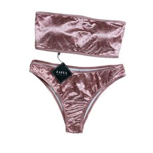 NEW Rose Gold Pink Floral‎ Texture Bikini Bandeau Strapless Tie Back Swimsuit S